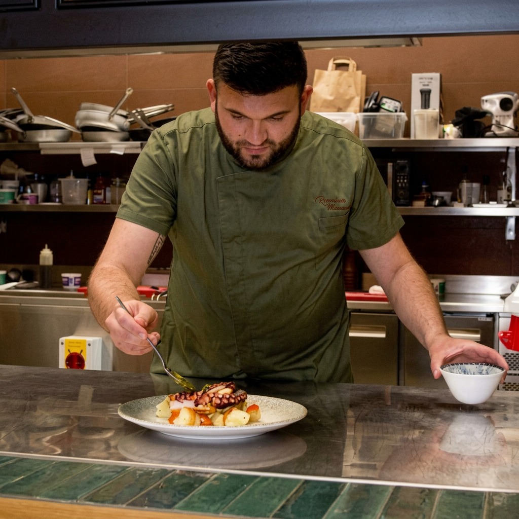Lo chef Francesco Mannarino mentre impiatta un piatto in cucina